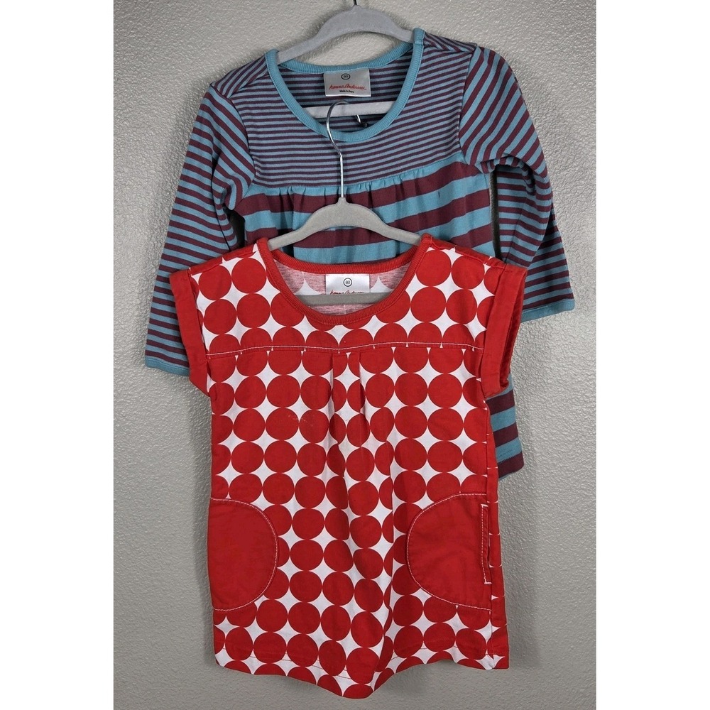 Hanna‎ Andersson Girls Dress Lot Size 80 Red Dot Pocket Dress Blue Stripe...